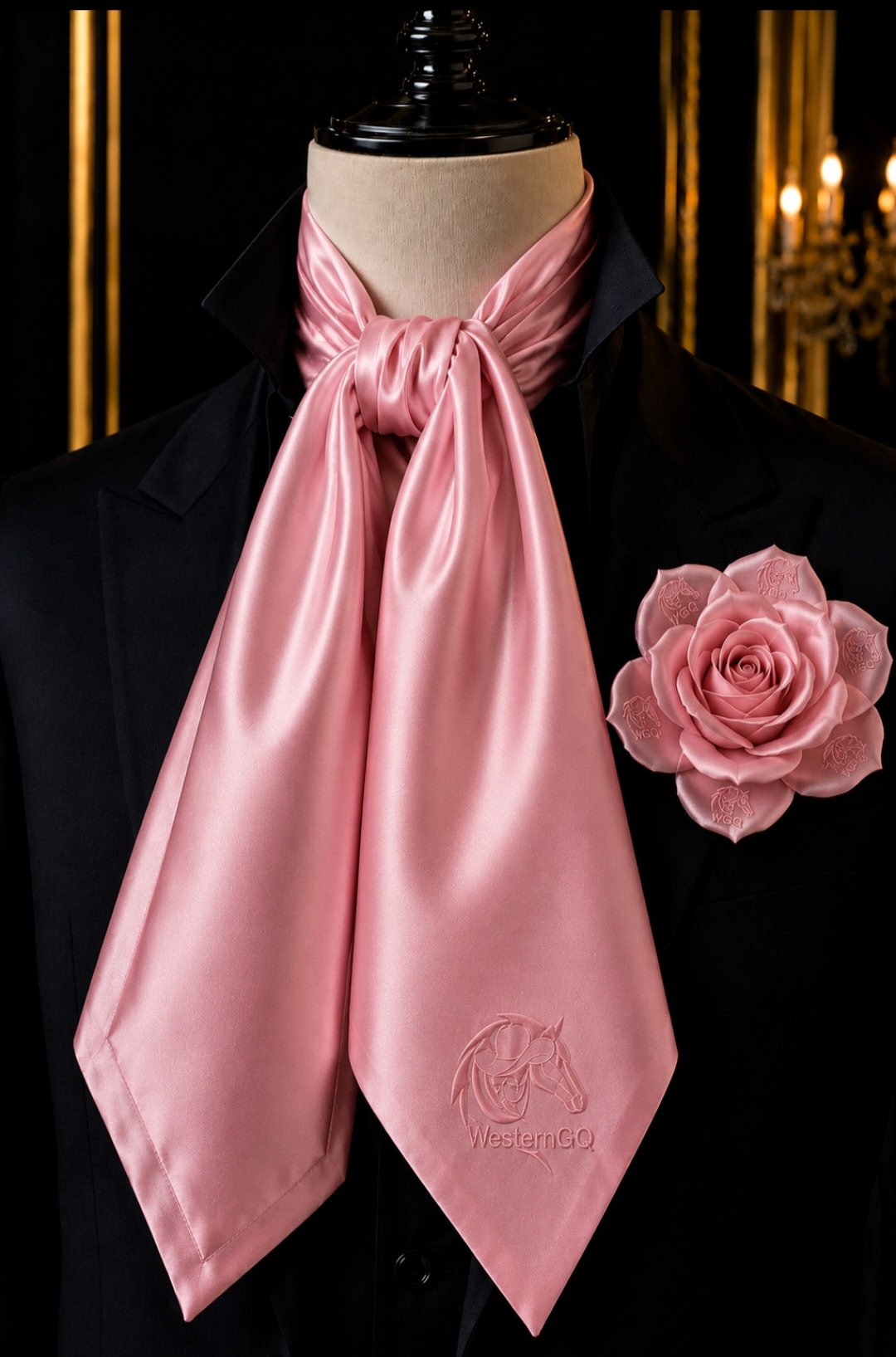 Western GQ pink satin cravat scarf with matching pink rose lapel brooch and Western GQ emblem on a mannequin in a chandelier-lit lounge